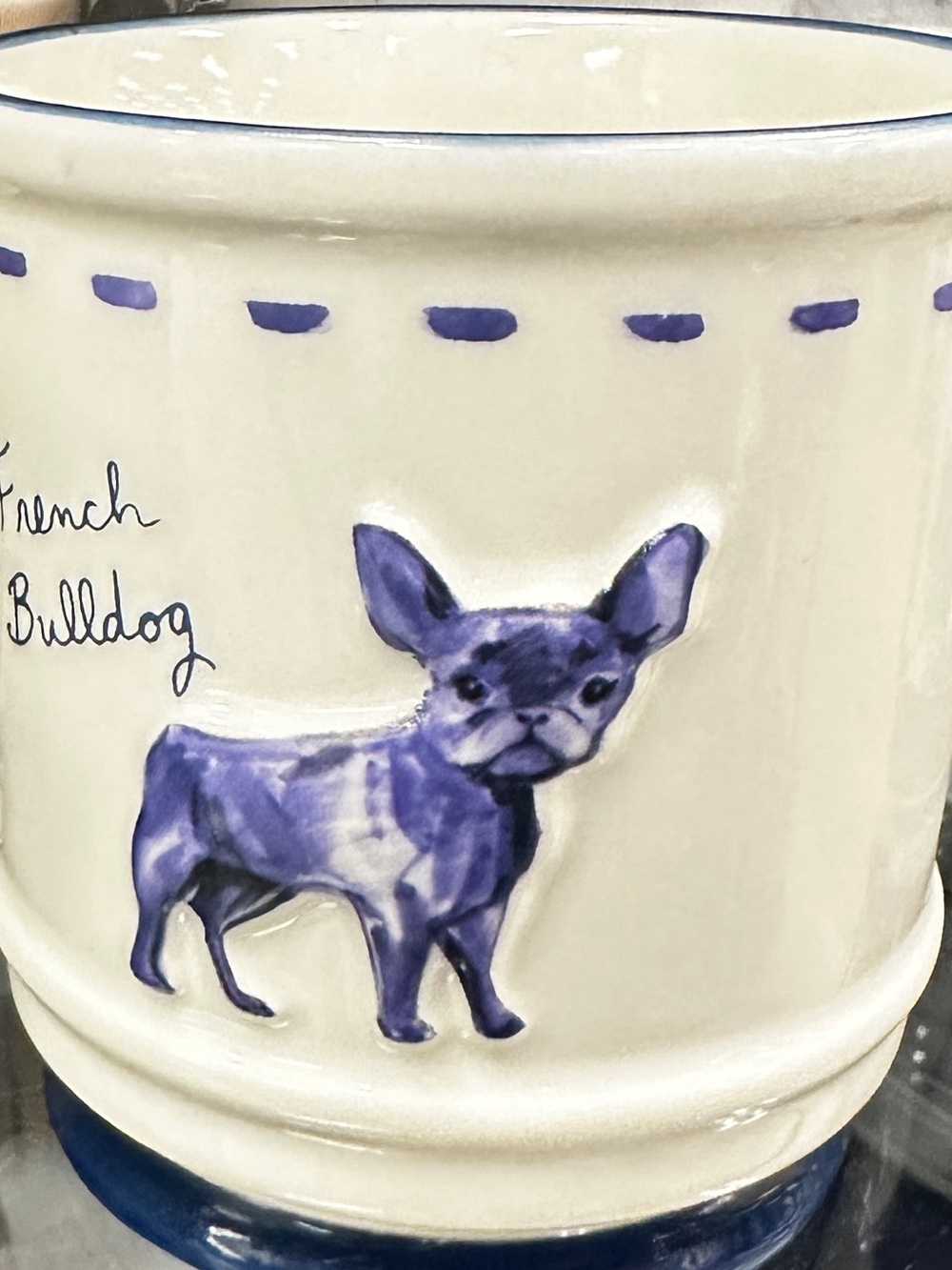 DWELL Cream Ceramic Mug with Blue French Bulldog Motif new